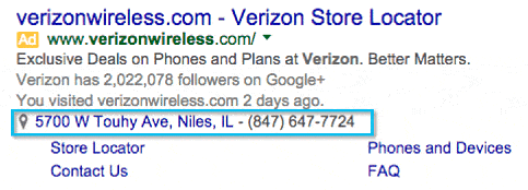 Example ad image from verizonwireless.com showing custom ad targeting searcher's location.